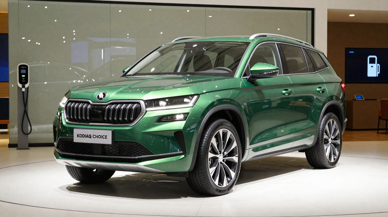SUV verde Skoda Kodiaq Choice exibido em estande com carregador elétrico ao fundo.