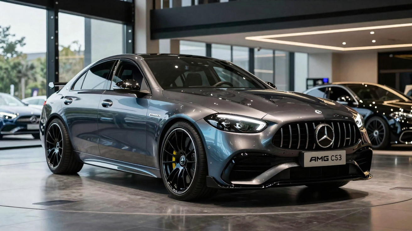 Carro esportivo Mercedes AMG C53 cinza exibido em showroom moderno com piso brilhante e iluminação intensa.