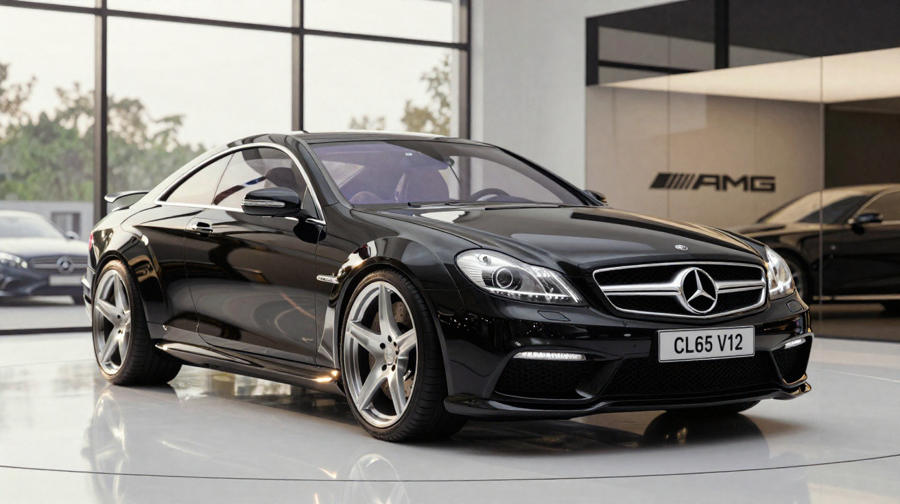 Carro esportivo preto Mercedes-Benz AMG exibido em showroom moderno com piso brilhante e grande janela.