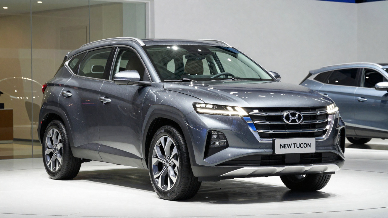 SUV cinza New Tucson estacionado em ambiente interno, com design moderno e faróis LED acesos.