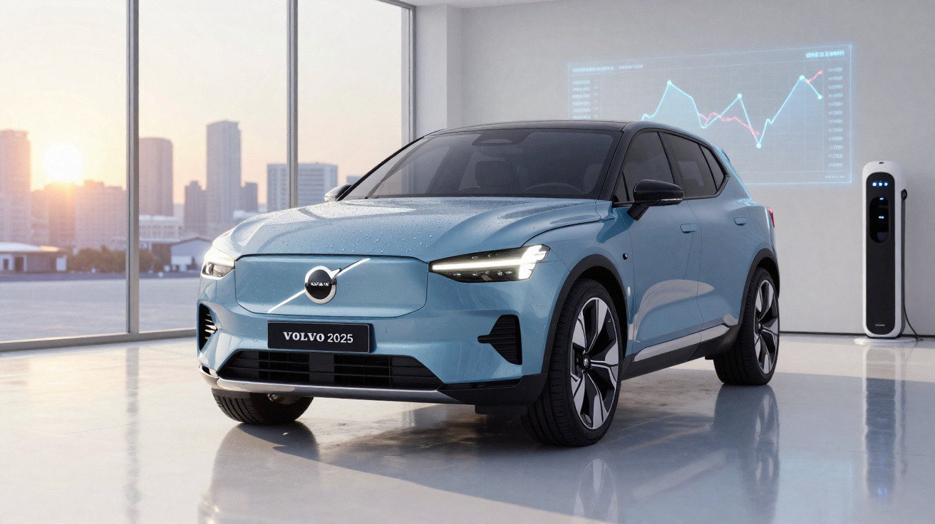 Carro elétrico Volvo 2025 azul estacionado em ambiente interno moderno com painel de gráficos ao fundo.