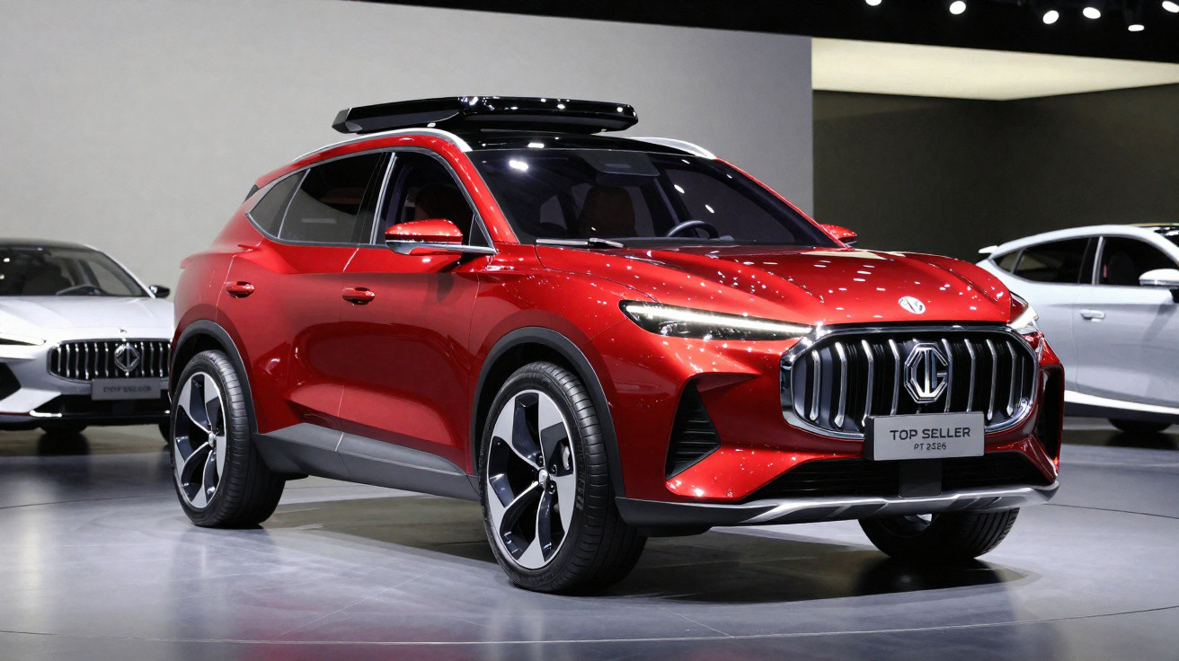 SUV vermelho com teto solar e grade frontal proeminente em exposição em salão automotivo.
