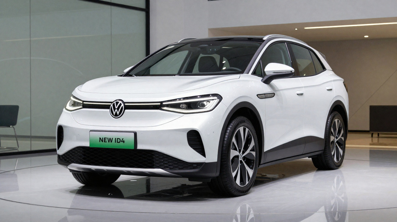 Carro elétrico Volkswagen New ID.4 branco exibido em showroom moderno e iluminado