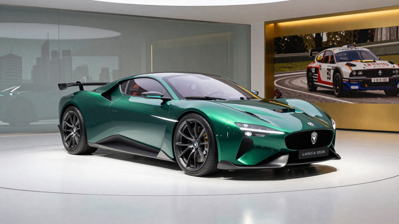 Carro esportivo verde metálico Lancia 2025 em exposição com quadro de carro clássico ao fundo.
