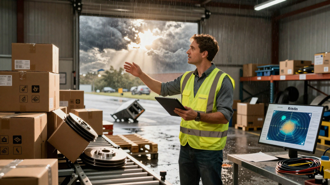 Homem de colete refletivo observa caixas e equipamentos em uma fábrica com tela digital ao lado.