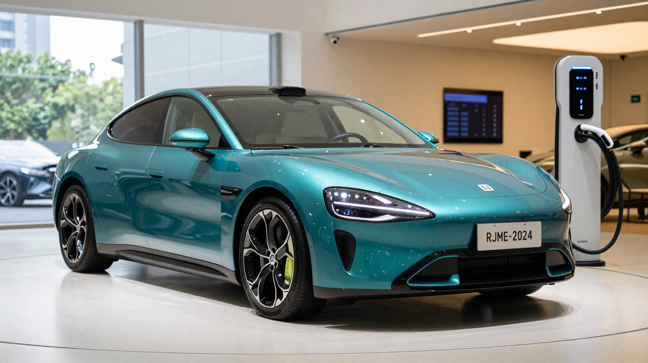 Carro elétrico azul esverdeado moderno em showroom, conectado a estação de recarga, sob luz interna branca.
