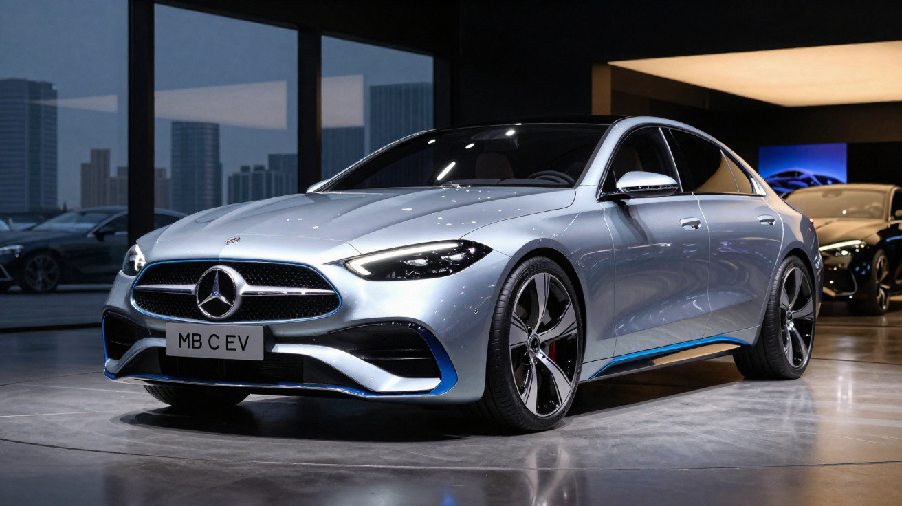 Carro elétrico Mercedes-Benz prata exibido em ambiente interno com iluminação suave e fundo escuro.