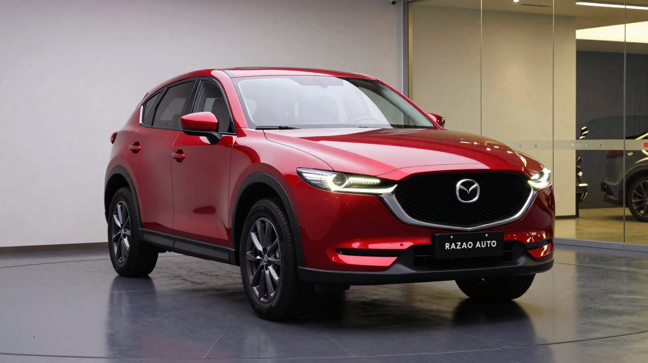 Carro SUV Mazda CX-5 vermelho em showroom com detalhes em preto e faróis acesos.
