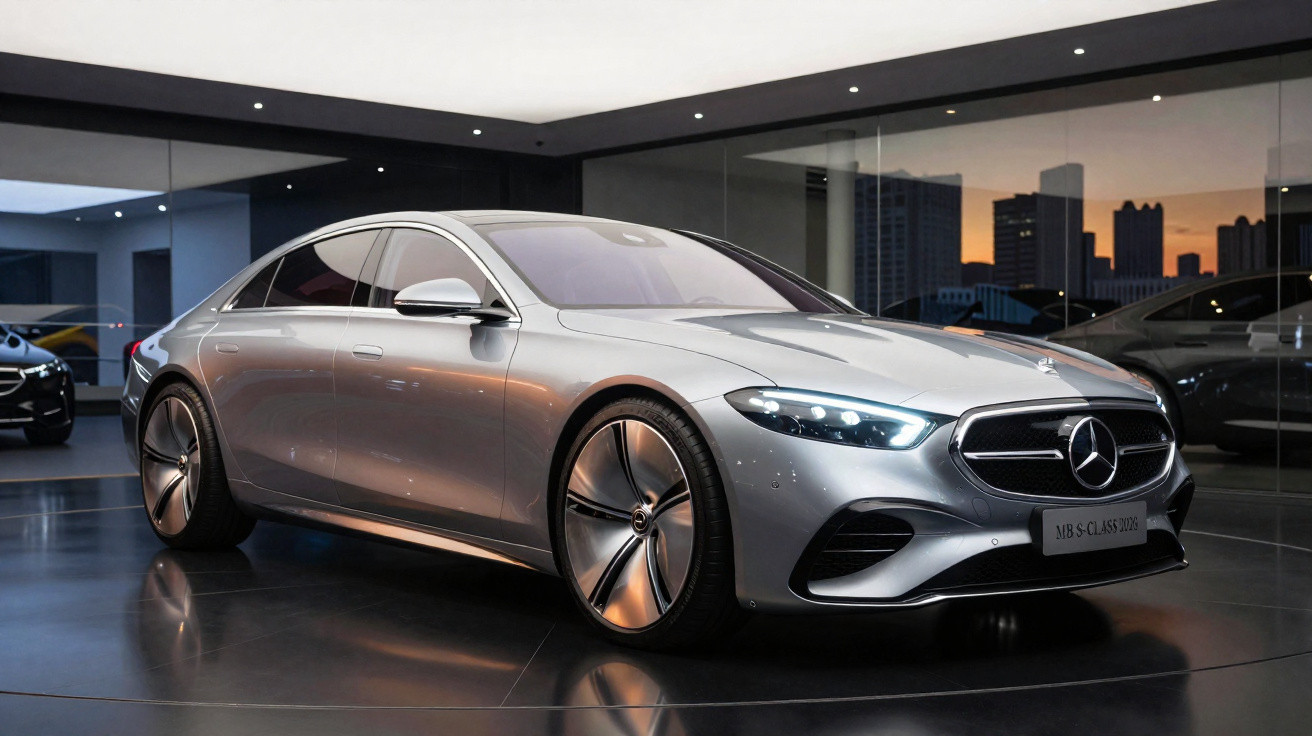 Carro Mercedes-Benz prata moderno exibido em showroom com teto preto e vidro refletindo pôr do sol urbano.