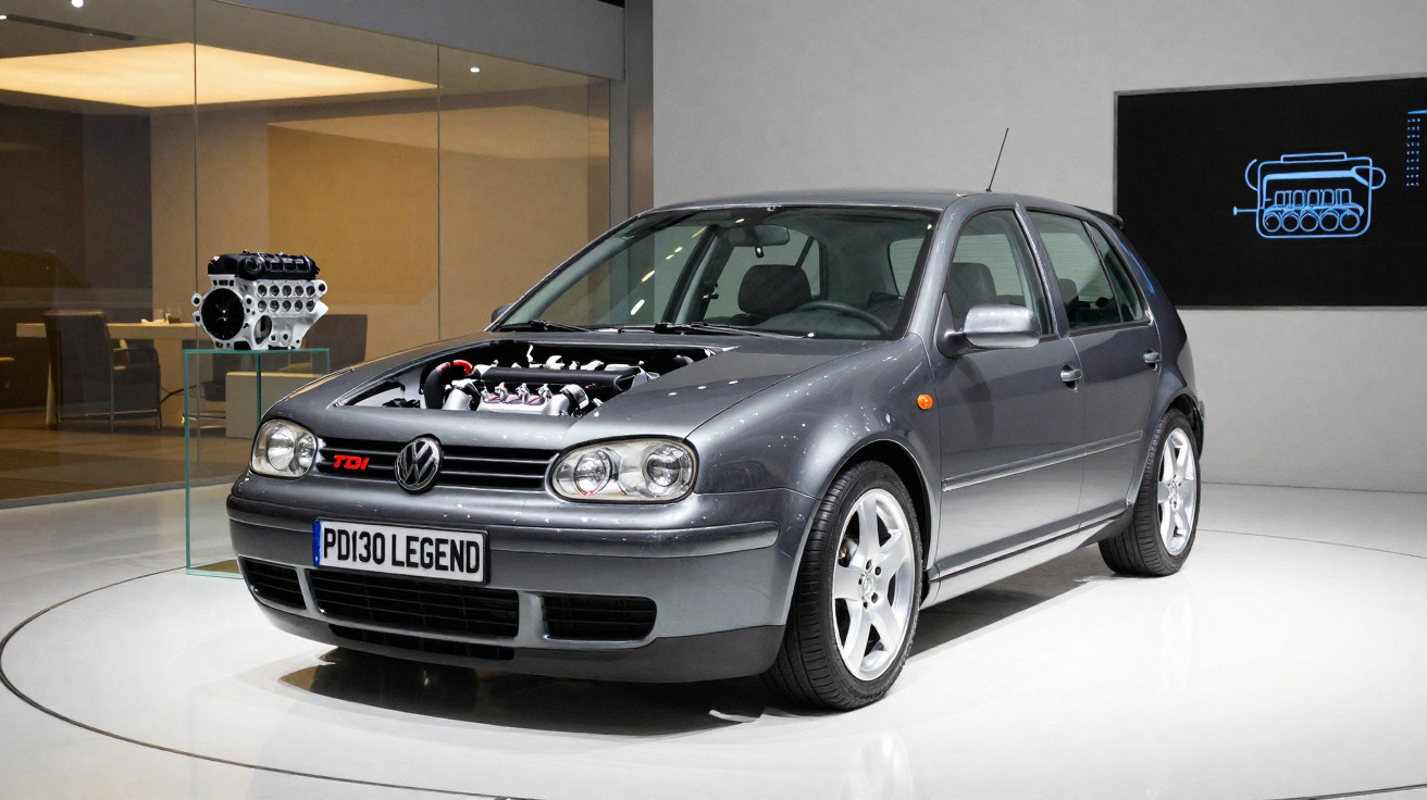 Carro Volkswagen Golf cinza exposto em salão, com capô aberto mostrando motor e placa PD130 LEGEND.