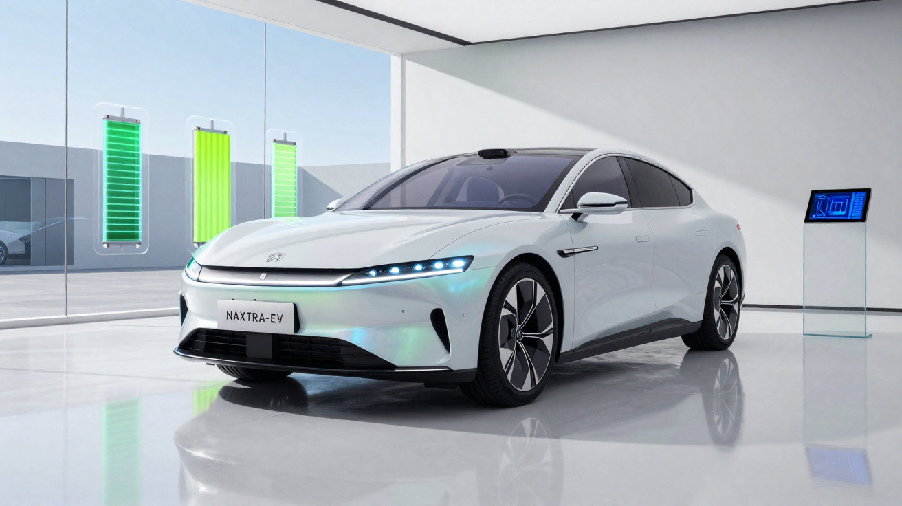 Carro elétrico branco moderno estacionado em ambiente interno com gráficos de bateria na parede de vidro.