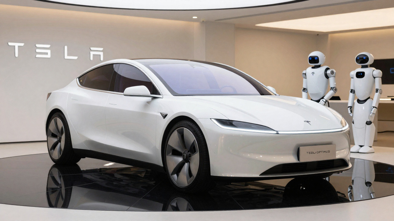 Carro elétrico branco Tesla em exposição, com dois robôs futuristas ao fundo.