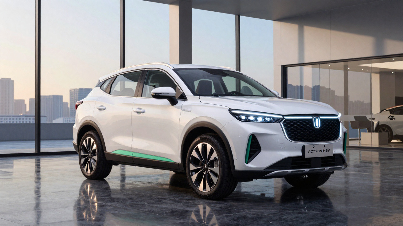 SUV elétrico branco Honda Actyron HTV estacionado em ambiente interno moderno com vidro e cidade ao fundo.