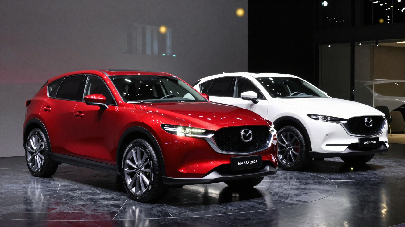 Dois SUVs Mazda MX-30 2026, um vermelho à frente e outro branco ao fundo, exibidos em ambiente interno moderno.