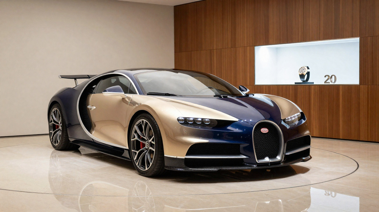 Carro esportivo Bugatti Chiron azul e bege em exposição em ambiente interno com piso brilhante e parede de madeira.
