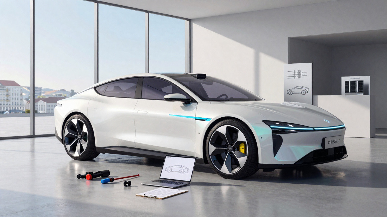 Carro elétrico branco em showroom moderno com ferramentas, laptop e prancheta ao lado.