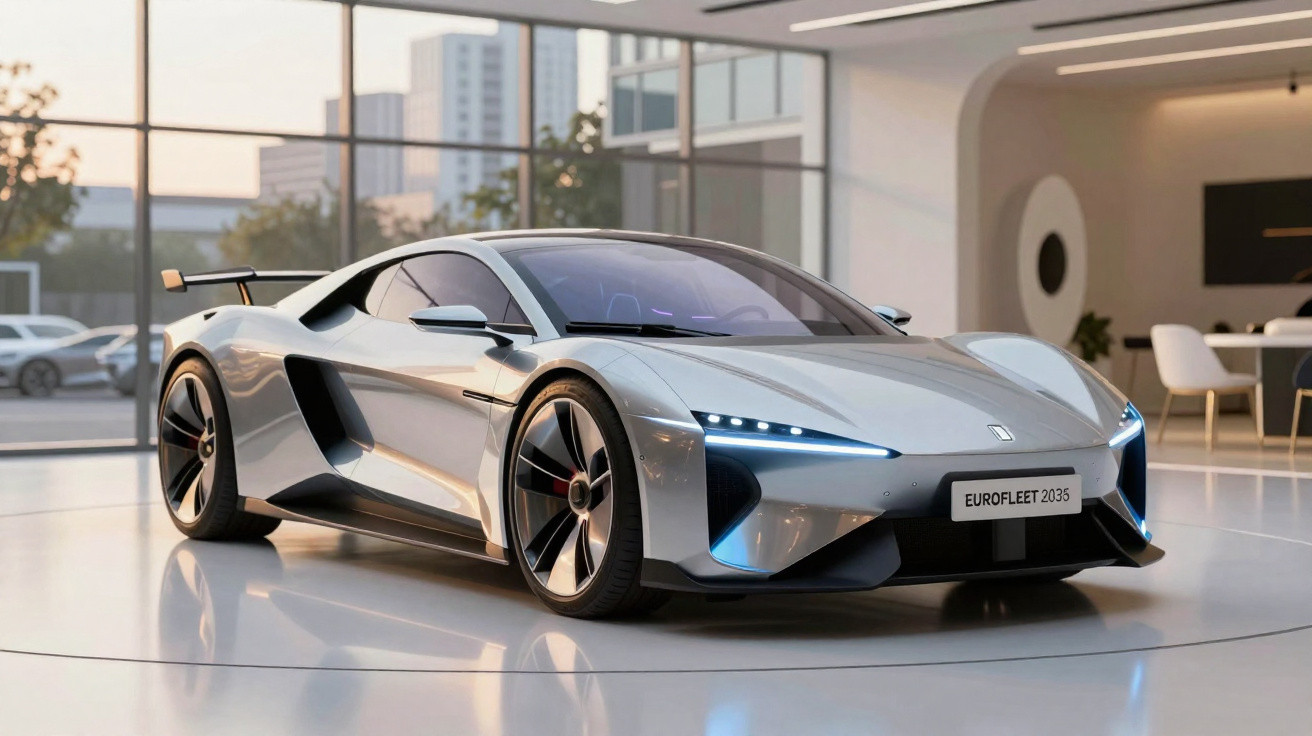 Carro esportivo futurista prata com design aerodinâmico estacionado em sala moderna com vidro.