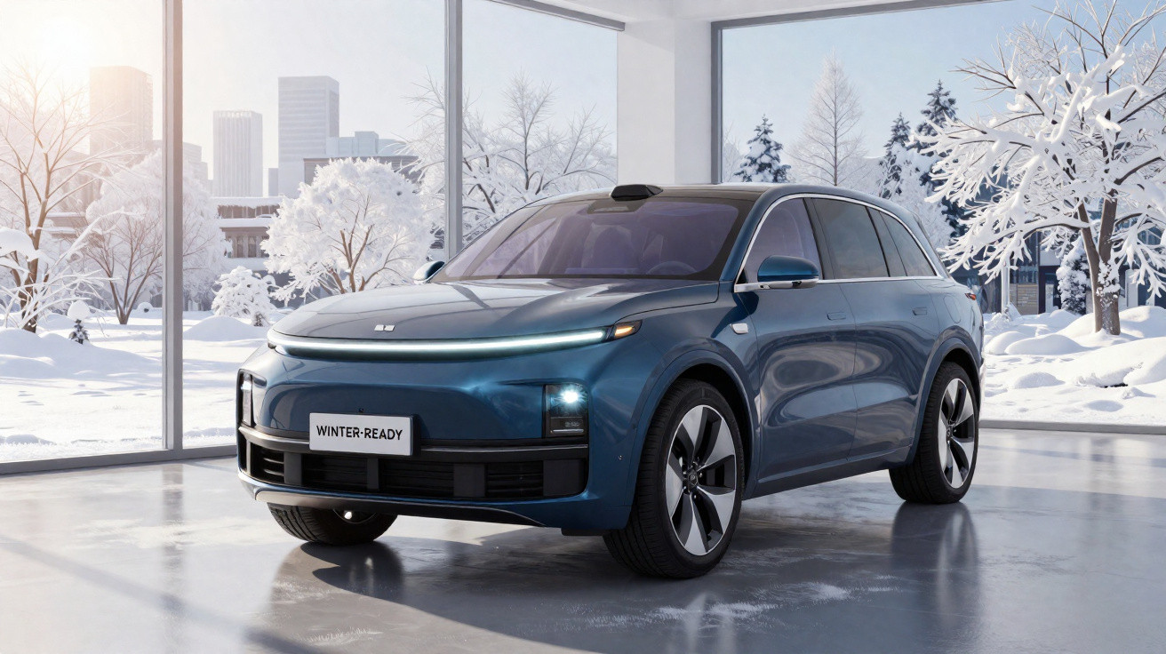 SUV elétrico azul em showroom com cenário nevado de inverno ao fundo.