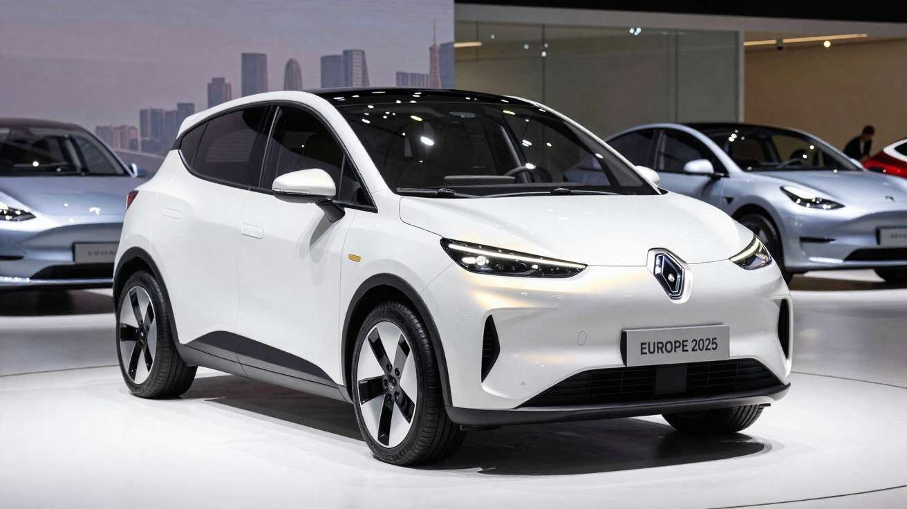 Carro elétrico branco Renault exibido em salão de automóveis com outros veículos ao fundo.