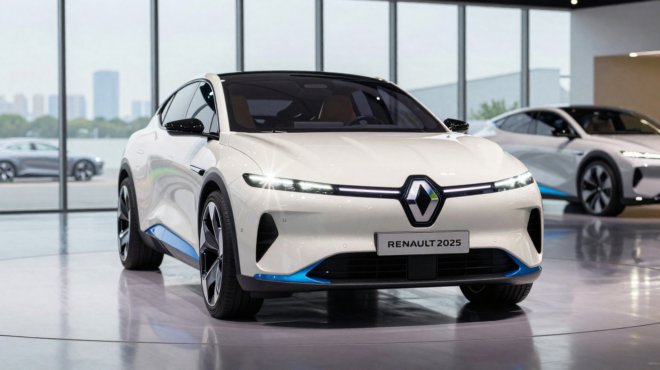 Carro elétrico branco Renault 2025 em exposição interna com janela grande ao fundo.