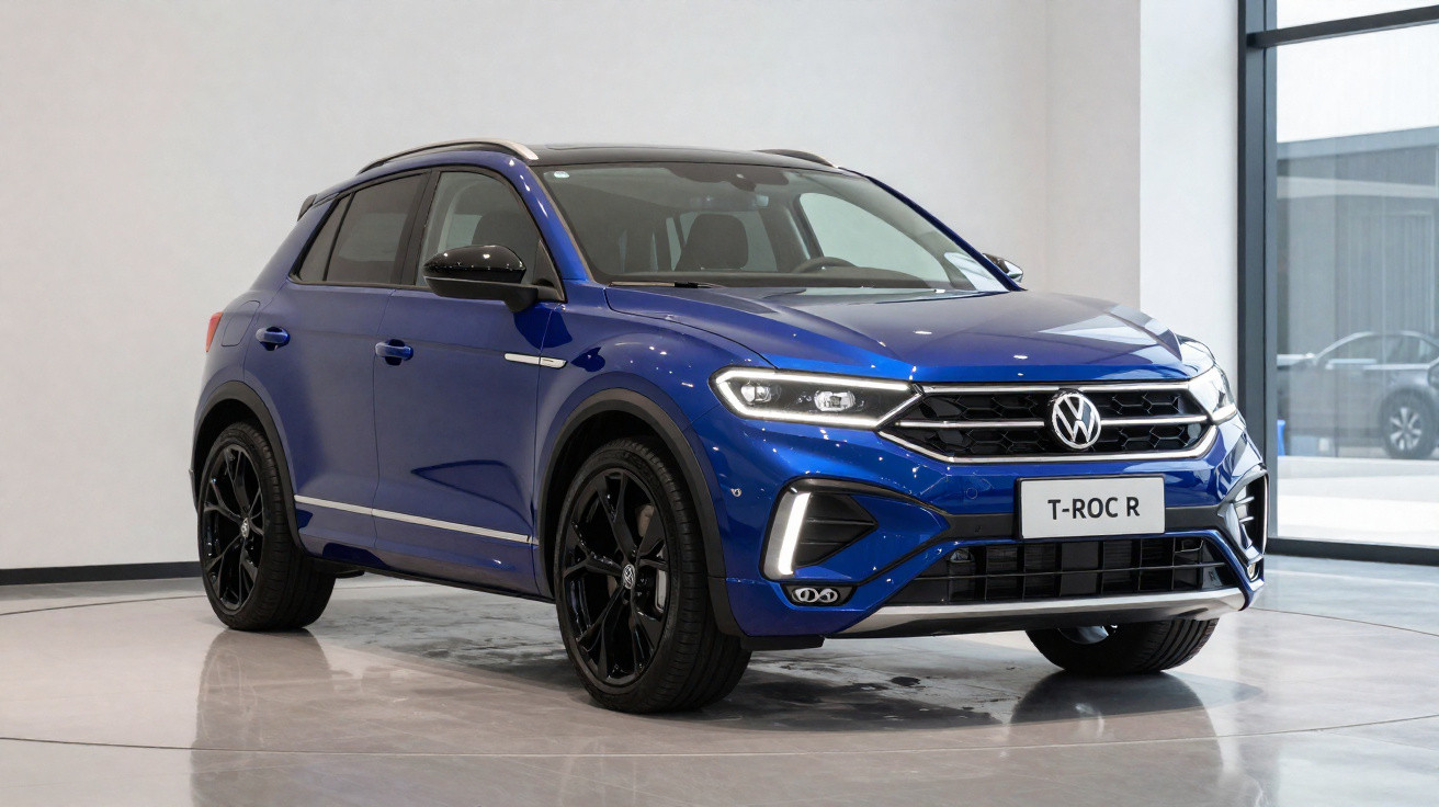 Volkswagen T-Roc R azul com teto preto exibido em showroom moderno e iluminado.