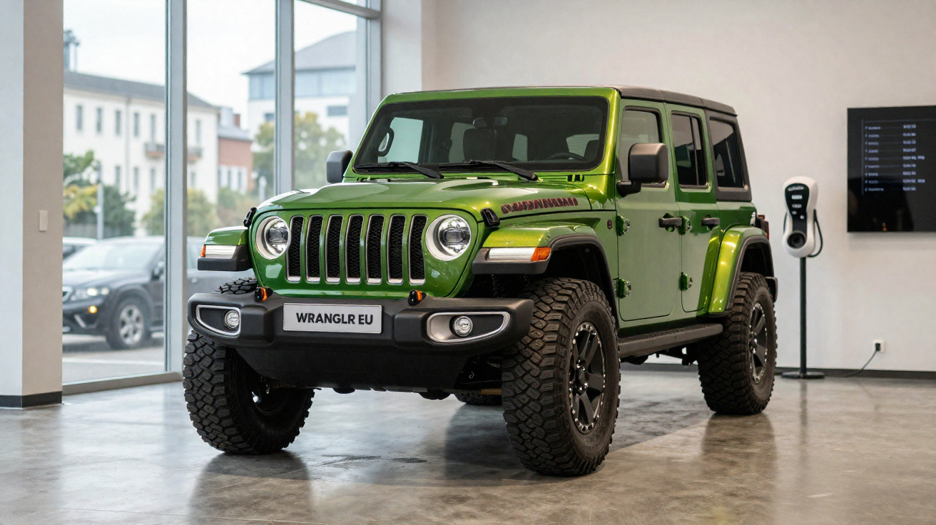 Carro Jeep Wrangler verde em exposição interna com pneus off-road grandes.