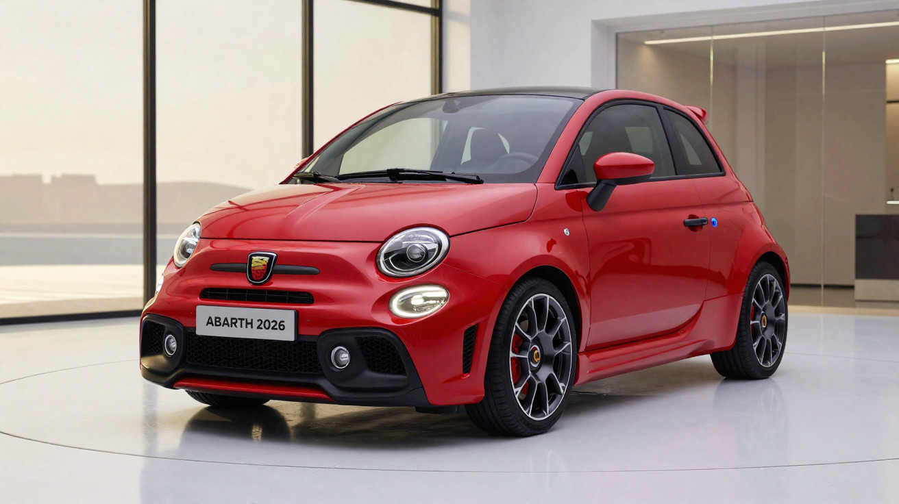 Carro esportivo compacto vermelho Abarth 2026 em exibição em ambiente interno moderno.