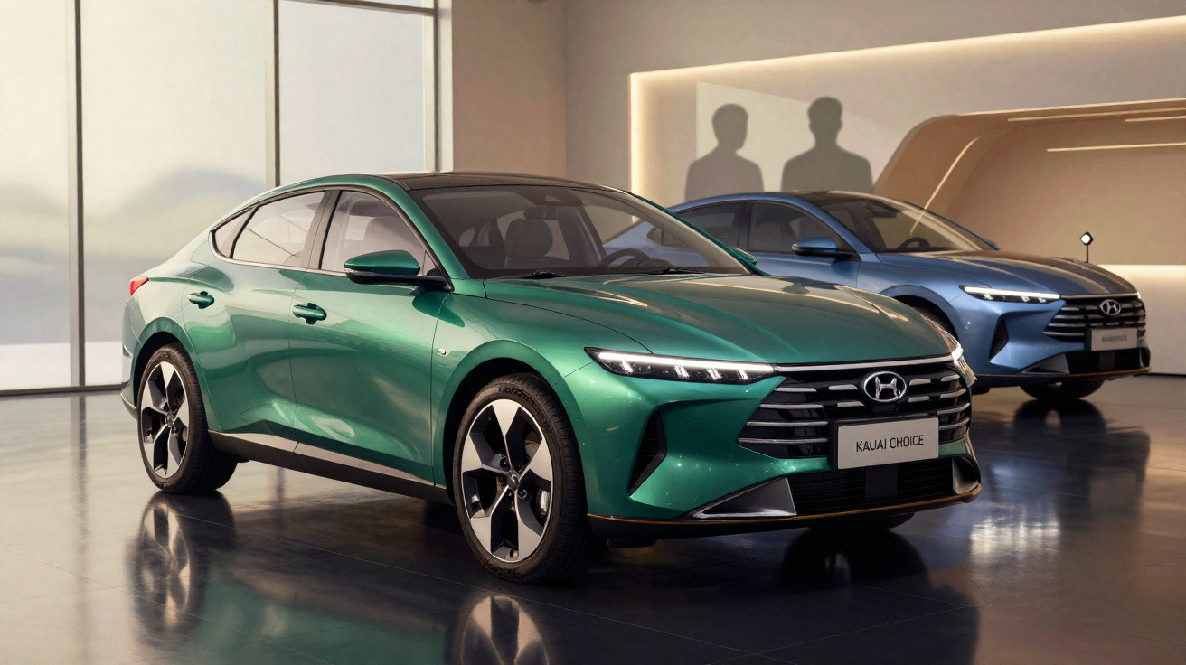 Dois carros elétricos Hyundai Kauai Choice em exibição, um verde e outro azul, em ambiente moderno e iluminado.