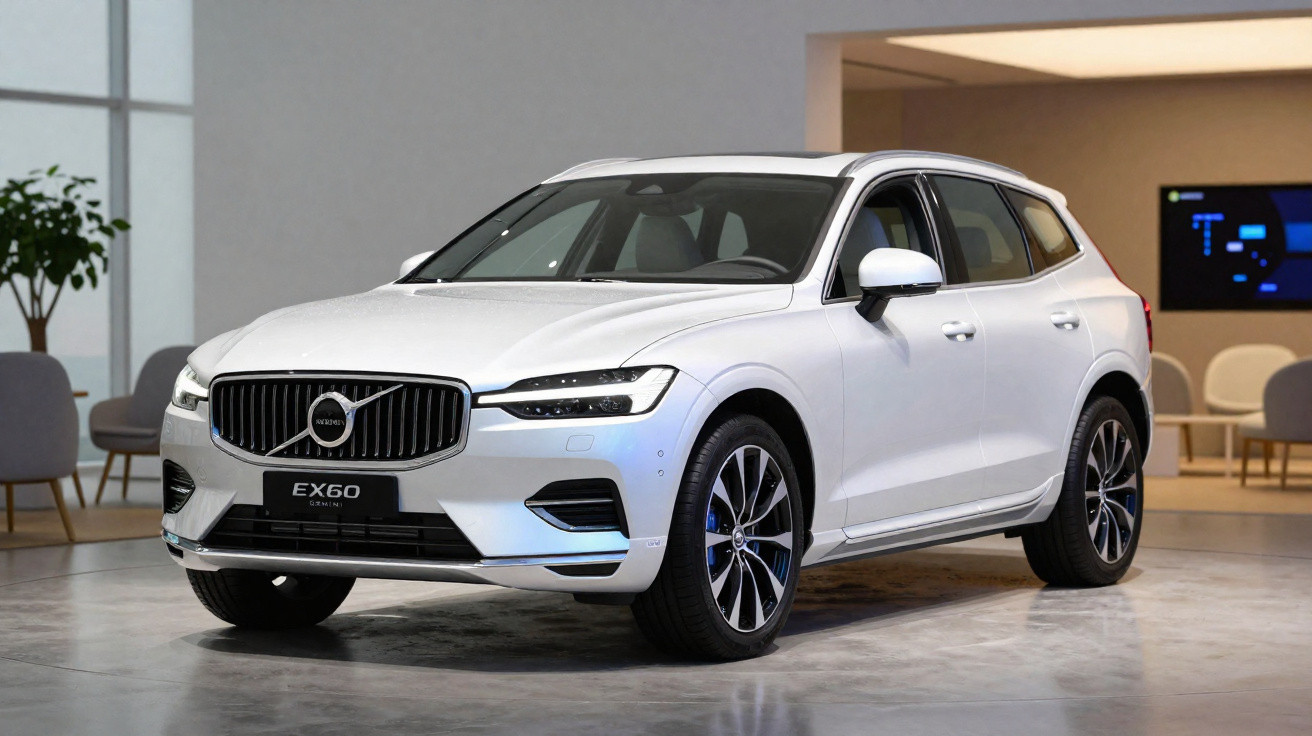 SUV Volvo EX60 branco estacionado em ambiente interno moderno com móveis ao fundo.