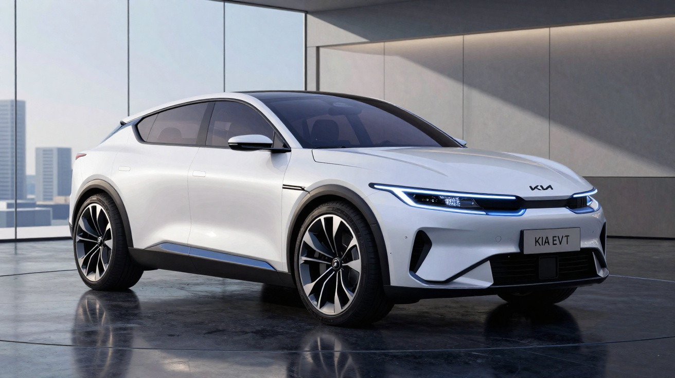 Carro elétrico Kia EVT branco estacionado em ambiente moderno com grandes janelas de vidro.