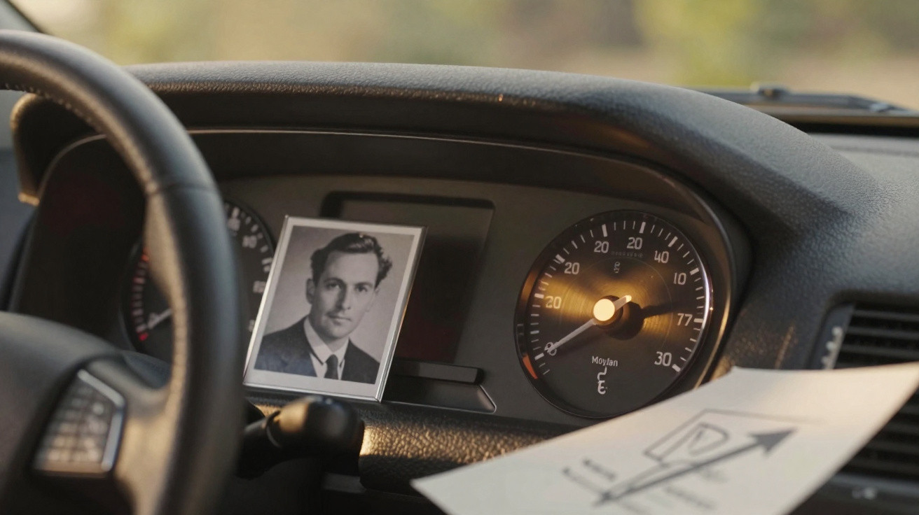 Foto em preto e branco de homem em quadro sobre o painel de um carro com velocímetro e página com desenho.