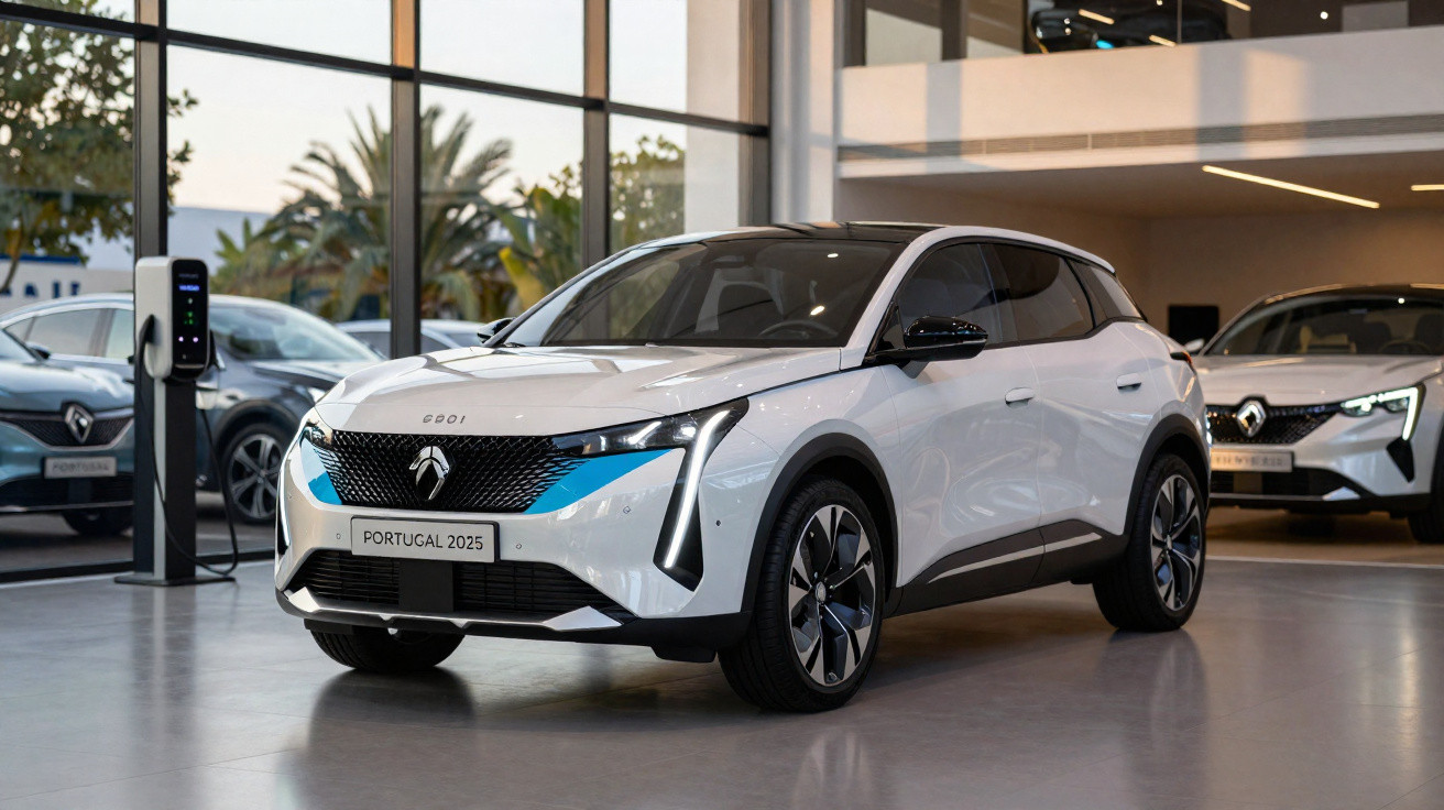 Carro elétrico branco em exposição dentro de showroom com placa Portugal 2025 e design futurista.