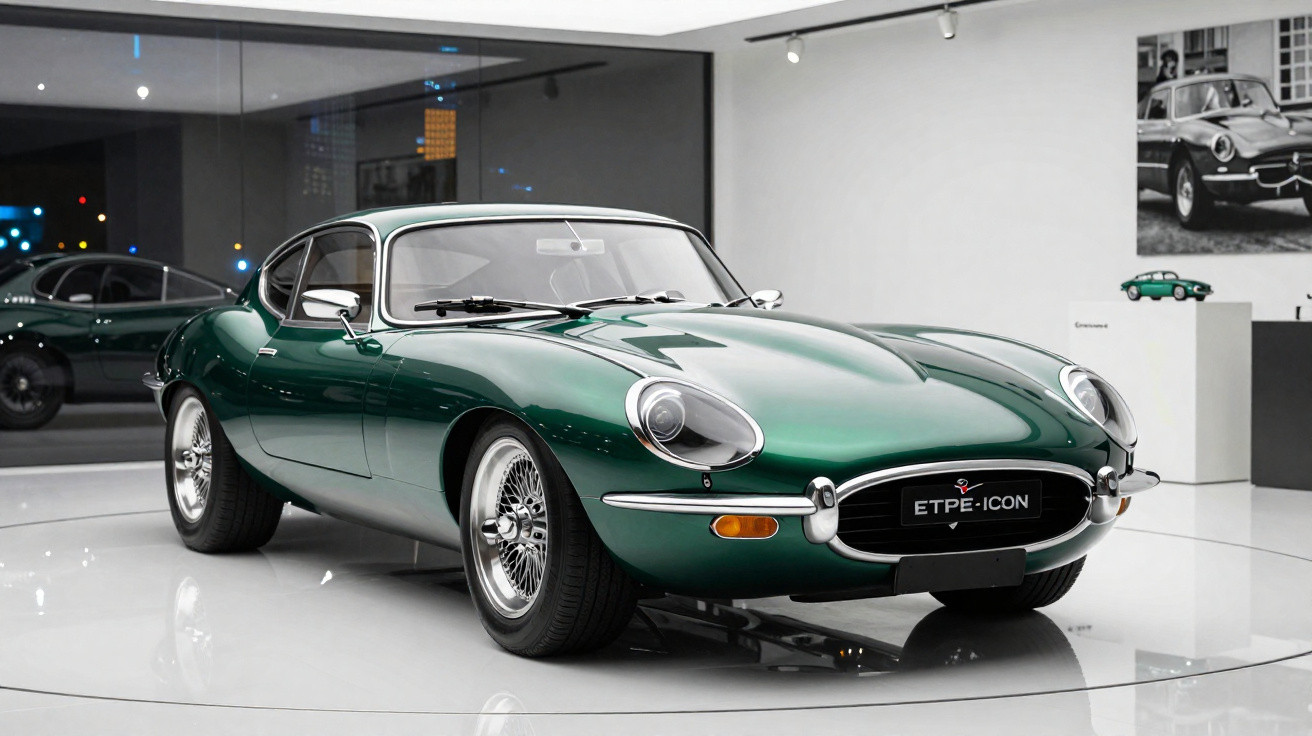Carro esportivo clássico verde em exposição interna com teto branco e rodas cromadas.