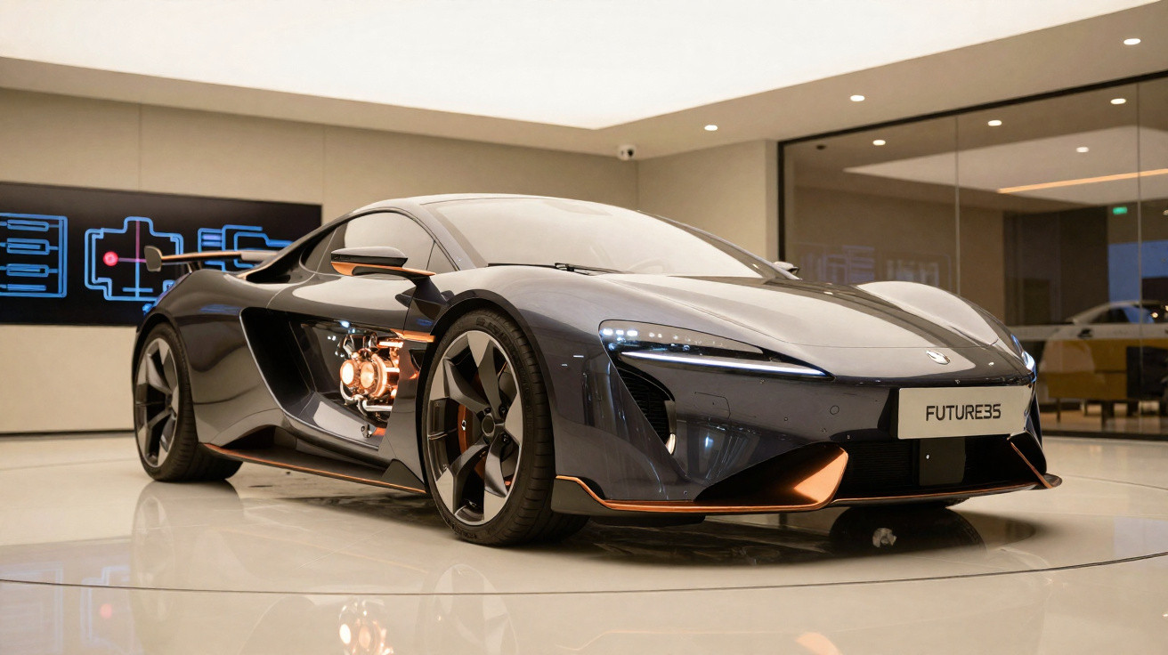 Carro esportivo futurista preto com detalhes em cobre exposto em salão moderno e iluminado.