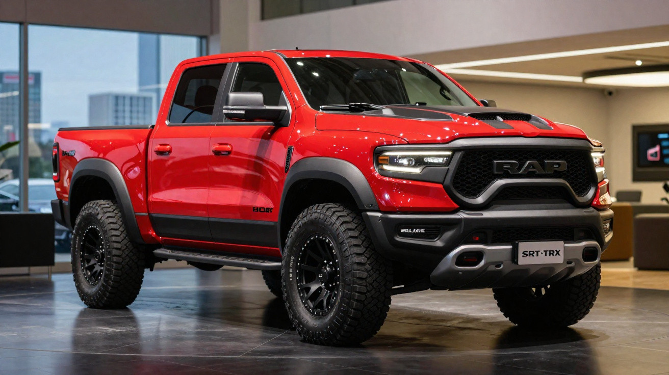 Picape vermelha RAM SRT-TRX exposta em ambiente interno, com pneus robustos e design agressivo.