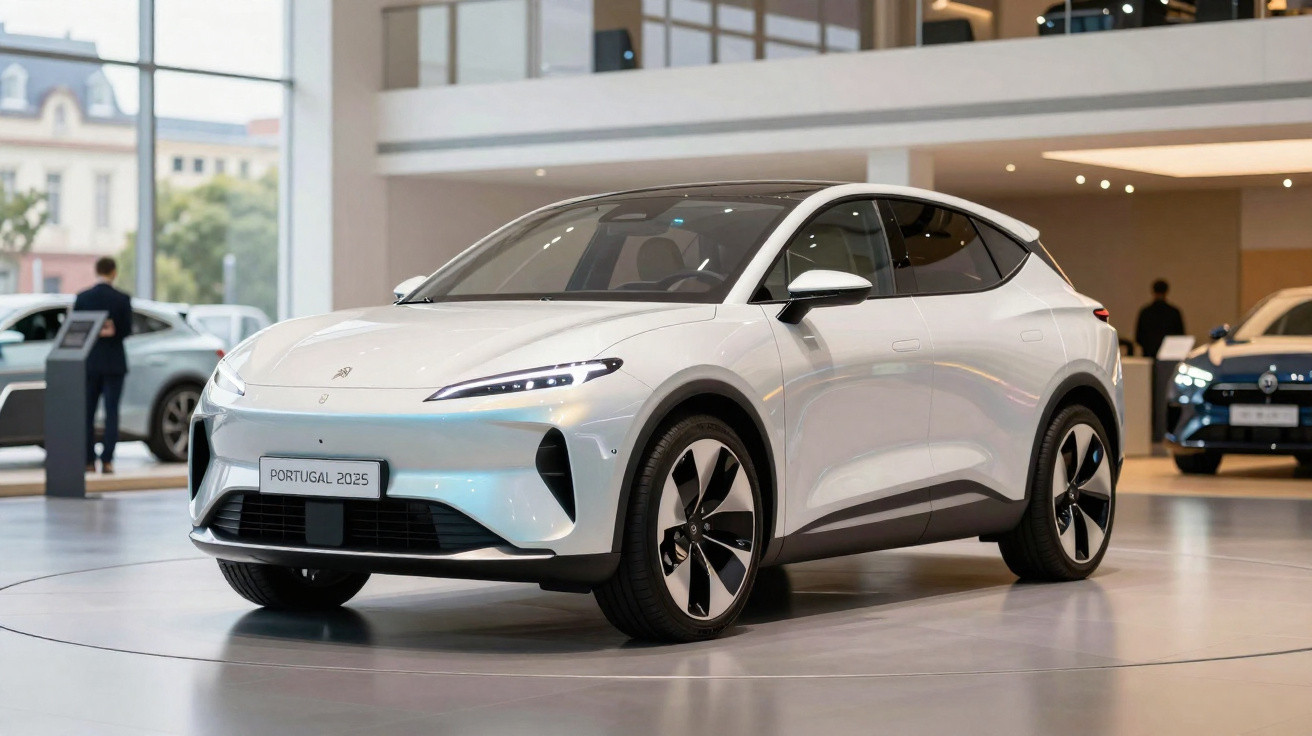 Carro elétrico branco exibido em salão automotivo com design moderno e aerodinâmico.