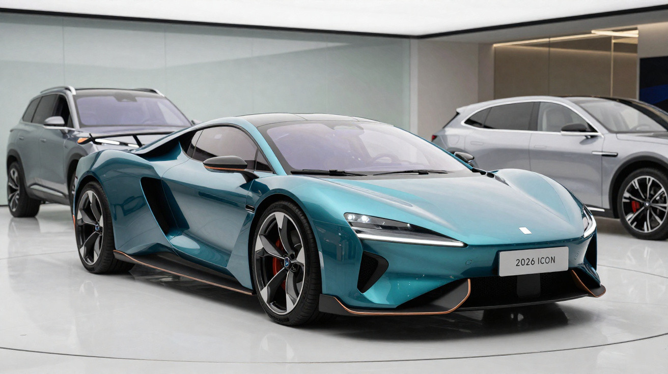 Carro esportivo azul metálico 2026 ICON exibido em showroom moderno com outros veículos ao fundo.