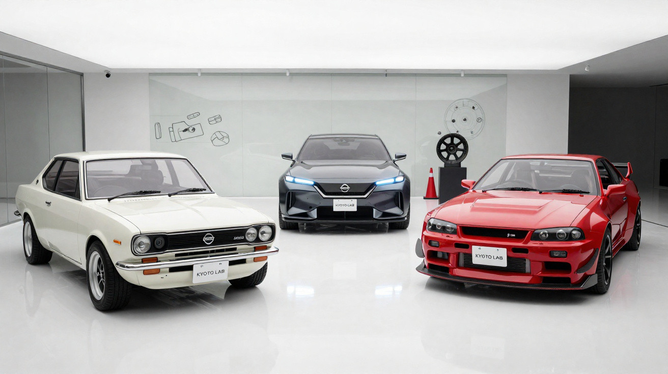 Três carros Nissan em exibição: modelo clássico branco, esportivo vermelho e moderno cinza, em ambiente minimalista.