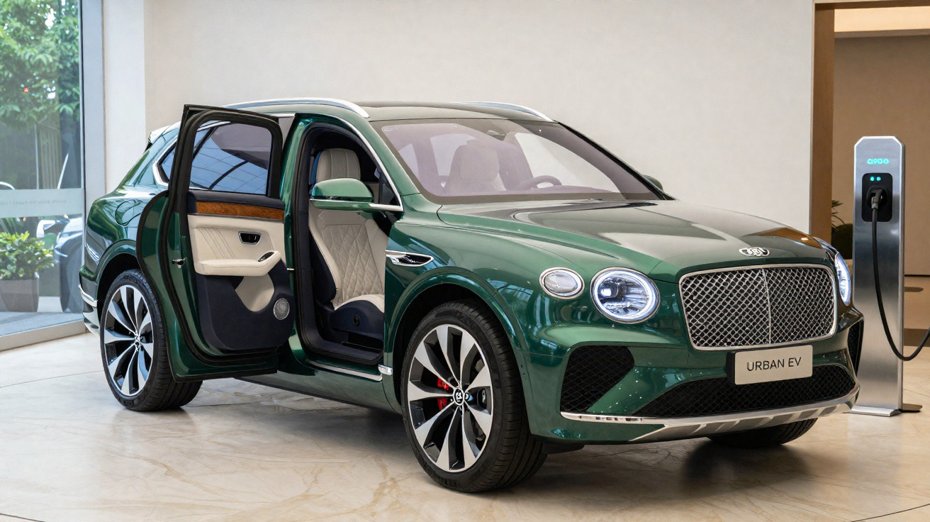 Carro elétrico verde Bentley Urban EV com portas abertas e carregando em estação de recarga.