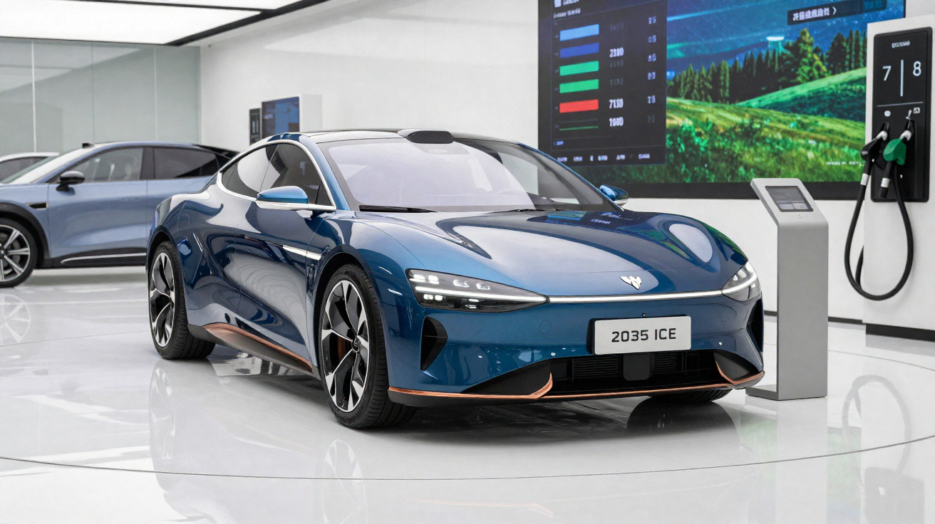 Carro elétrico esportivo azul em showroom moderno próximo a estação de recarga.