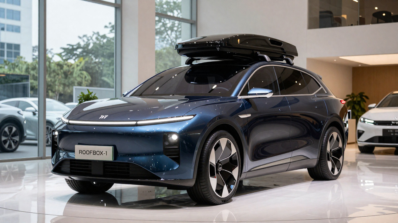 Carro elétrico azul com bagageiro de teto exposto em showroom moderno com piso brilhante.
