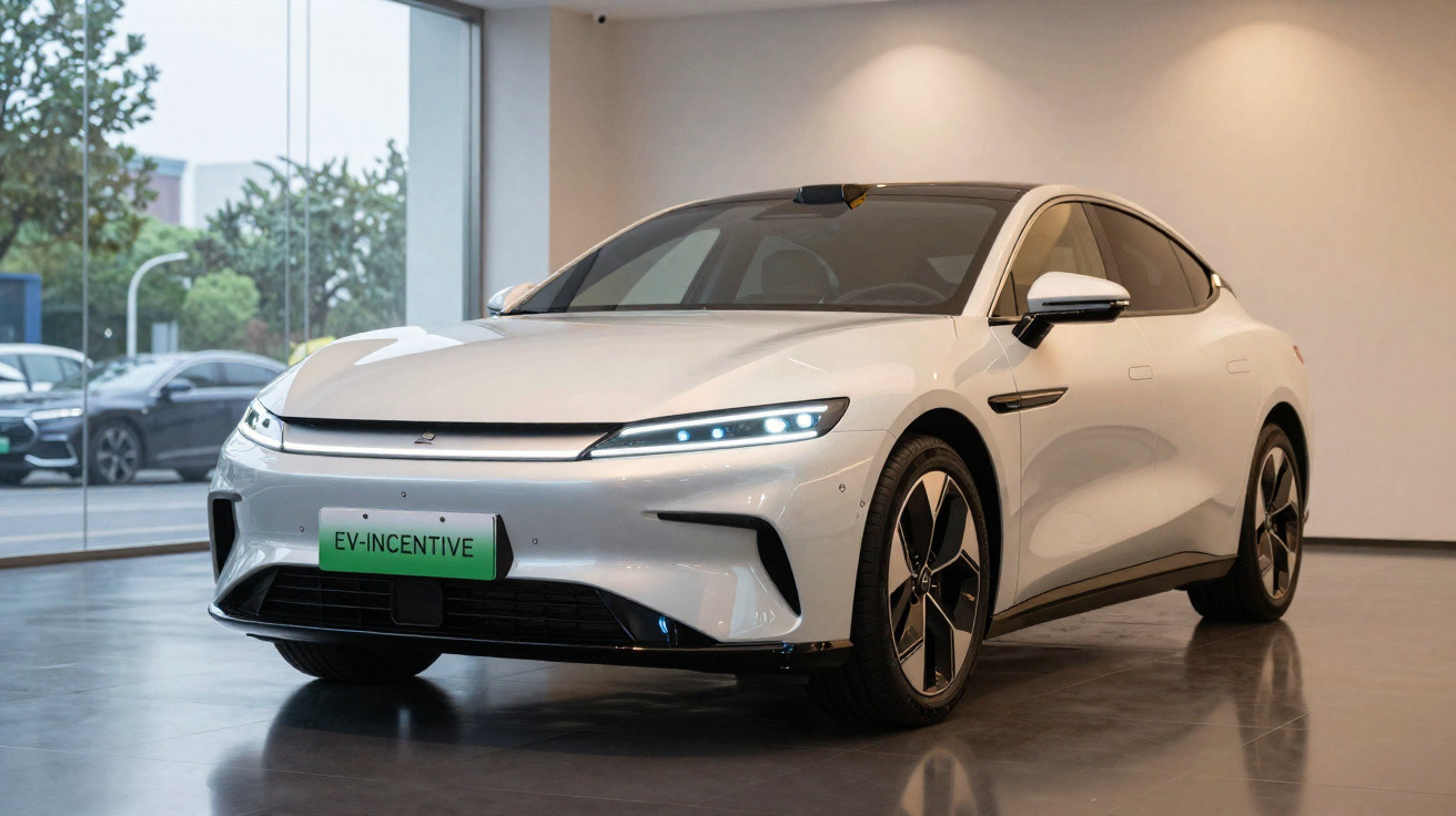 Carro elétrico branco estacionado em showroom moderno com luzes frontais acesas e placa verde.