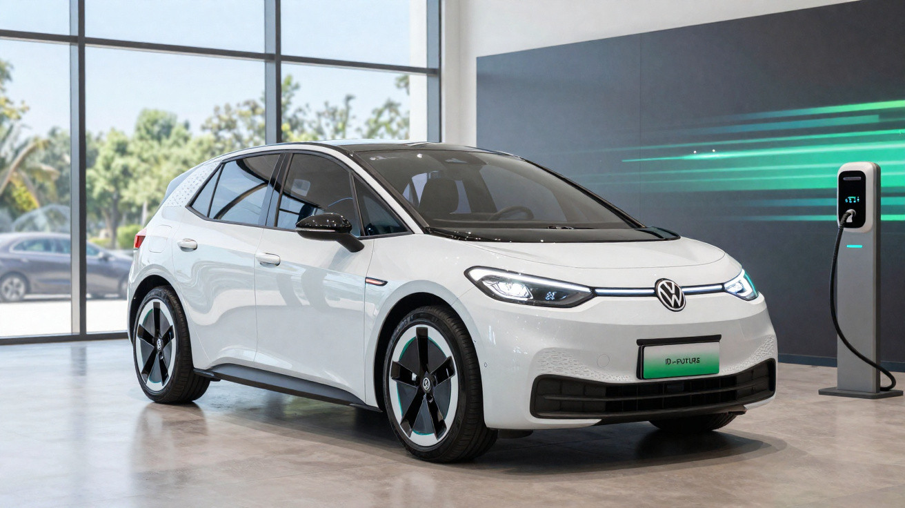 Carro elétrico Volkswagen branco estacionado em ambiente interno próximo a carregador elétrico.