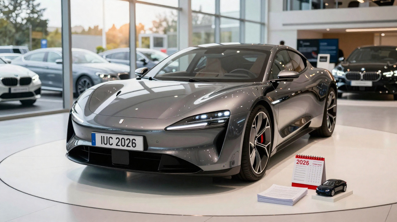 Carro esportivo cinza metálico em exposição dentro de showroom moderno com calendário e miniatura ao lado.