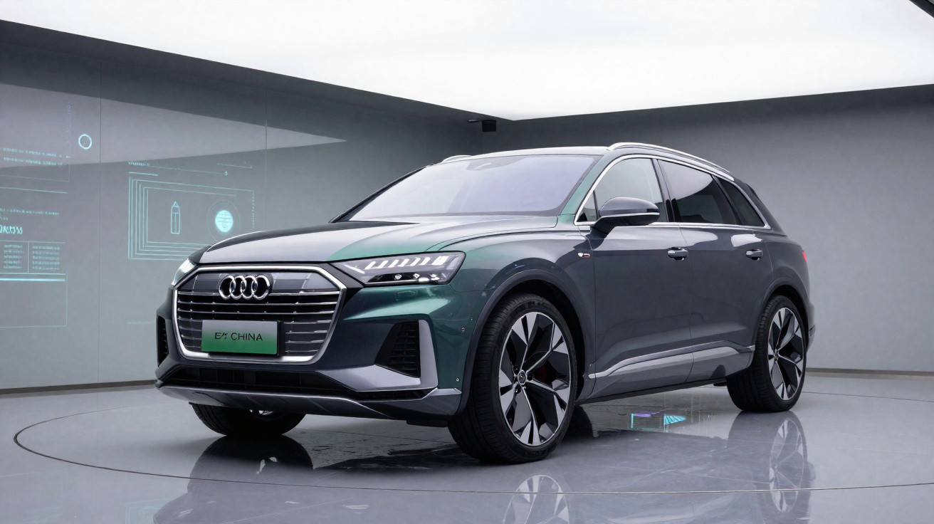 Audi SUV elétrico verde escuro exibido em ambiente moderno com piso refletivo e iluminação branca.