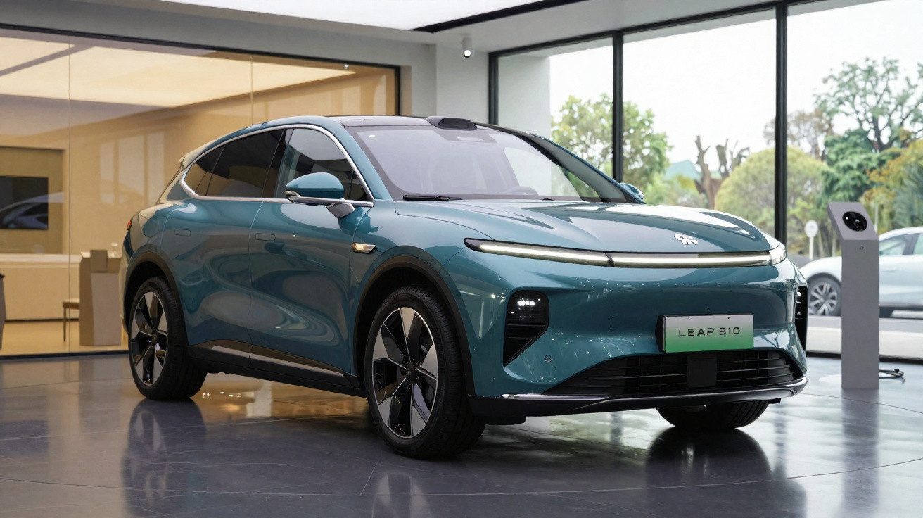 Carro elétrico azul LEAP B10 estacionado dentro de showroom moderno com janelas grandes.