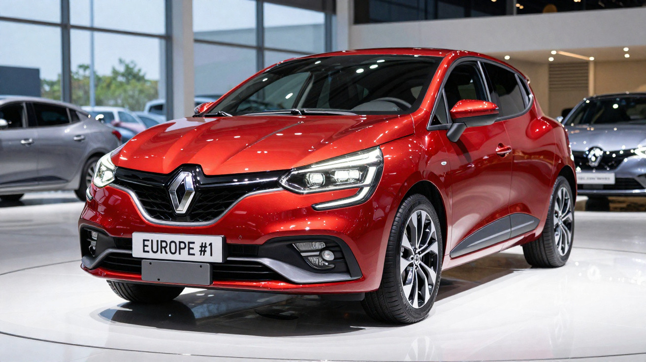 Carro hatch vermelho da Renault exposto em salão com iluminação refletida na lataria.