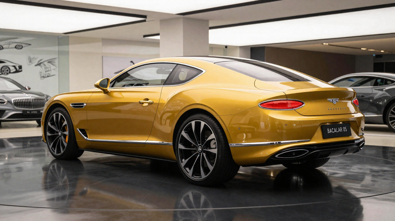 Carro esportivo dourado Bentley Bacalar RS em exposição em salão moderno com piso brilhante.