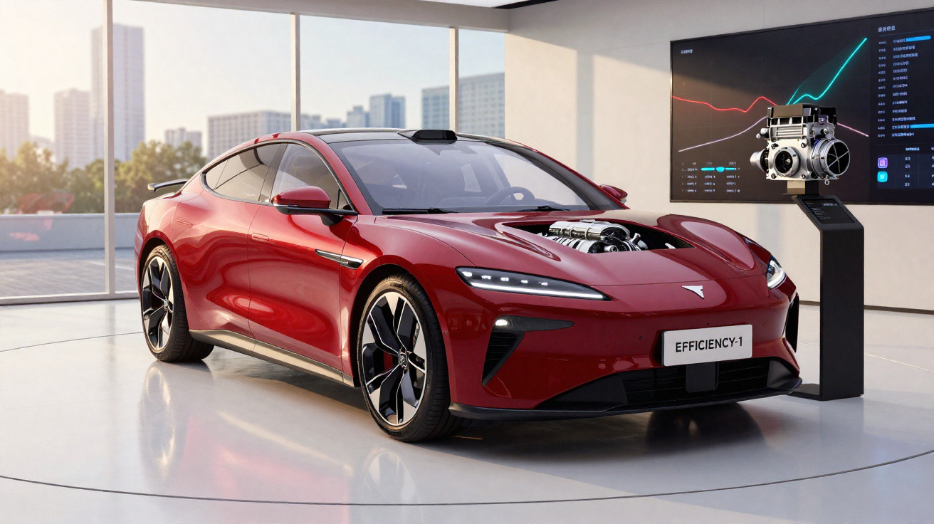 Carro esportivo elétrico vermelho, modelo Efficiency-1, em ambiente moderno com tela de dados ao fundo.