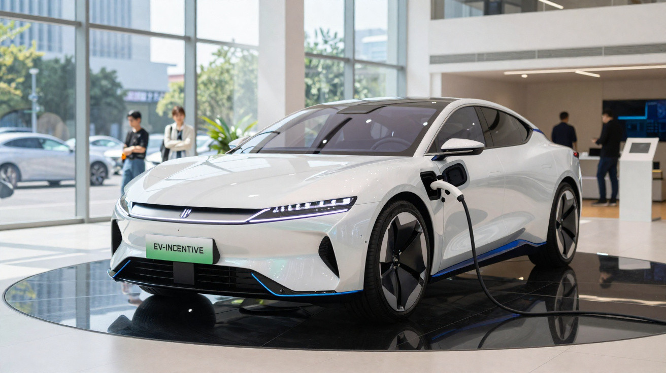 Carro elétrico branco em exposição, conectado a carregador dentro de showroom moderno.